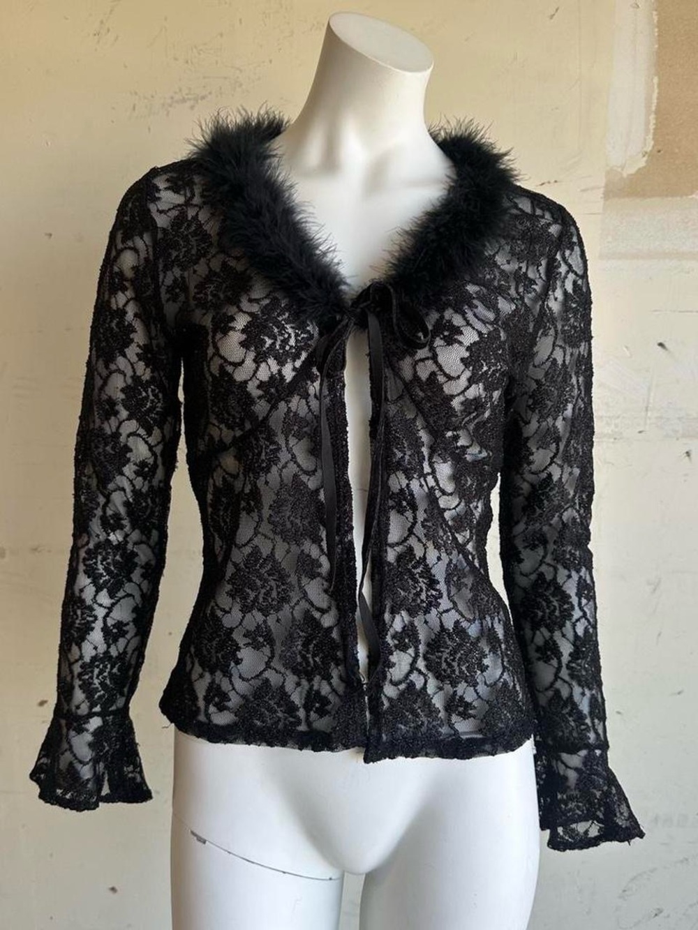 Vintage 90s y2k feather trim sheer lace cardigan bolero top whimsigoth